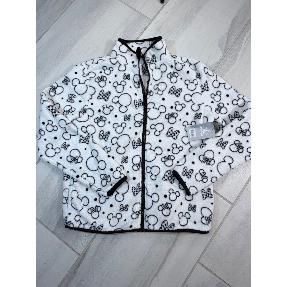 Disney Mickey Minnie Mouse Fleece Jacket White Black Full Zip Mock Neck Medium
